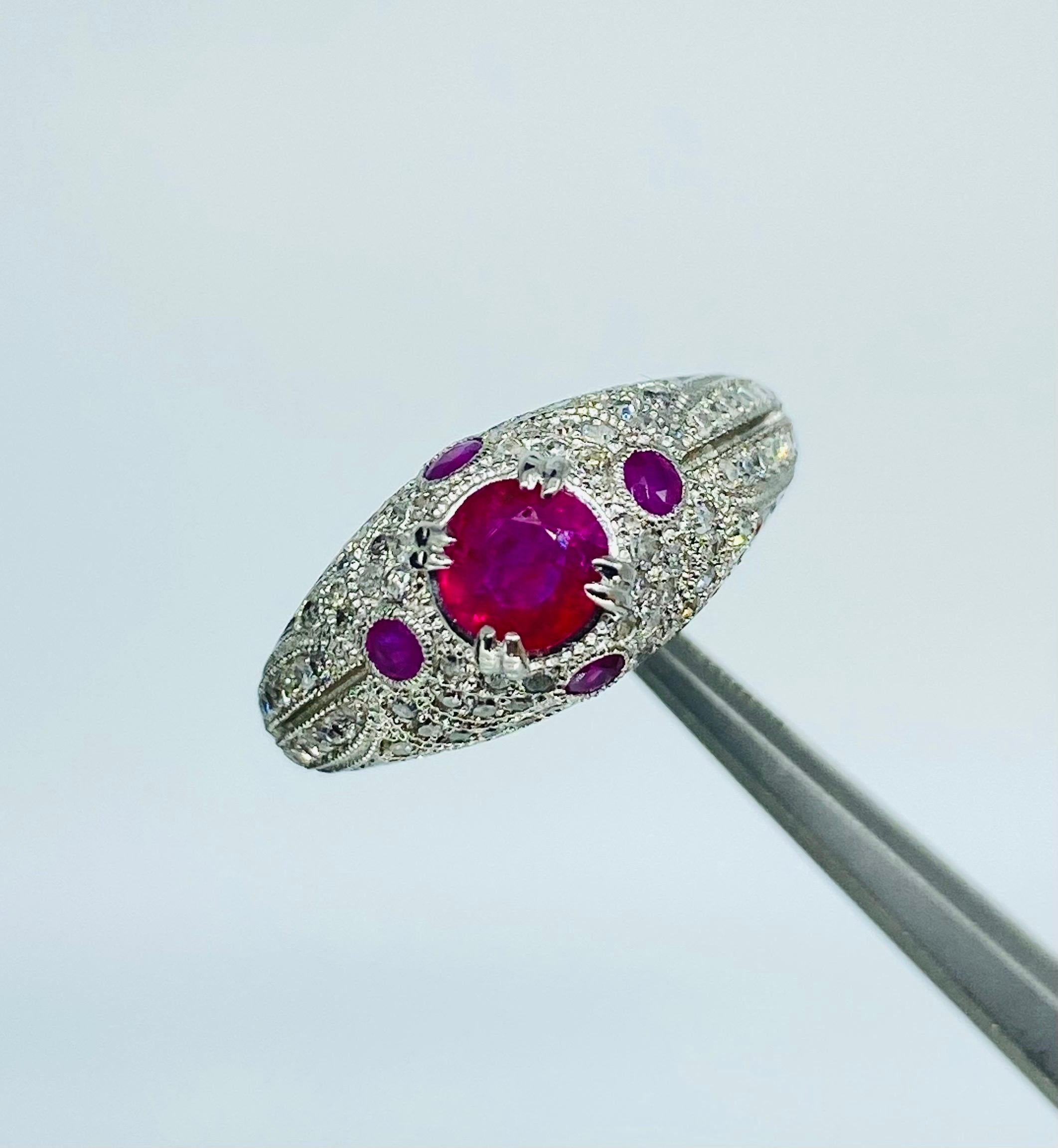 Art Deco 0.79 Carat Center Burma (Myanmar) No Heat Ruby & Diamonds Ring Platinum

Main Stone Carat Weight: 0.79 ct
Type: Natural NO HEAT Burma Ruby (GIA Certifiled)
Shape: Cushion
Color: Red
Accent Stones
Accent Carat Weight: 1.20 ct