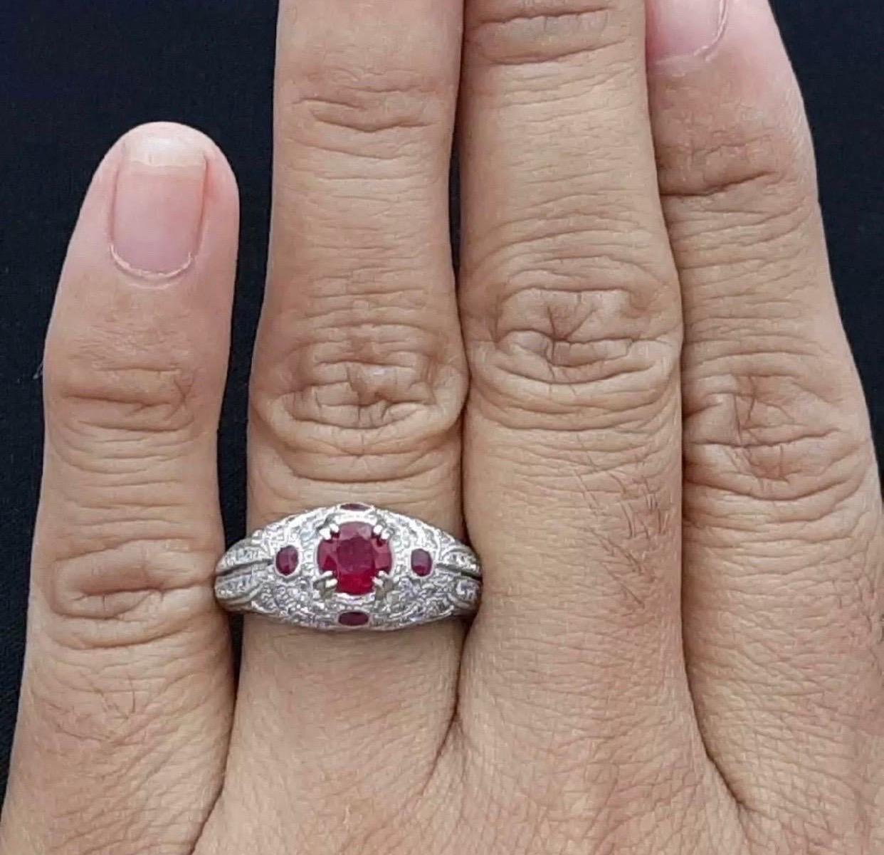 Art Deco 0.79 Carat Center Burma 'Myanmar' No Heat Ruby & Diamonds Ring Platinum In Excellent Condition For Sale In Miami, FL