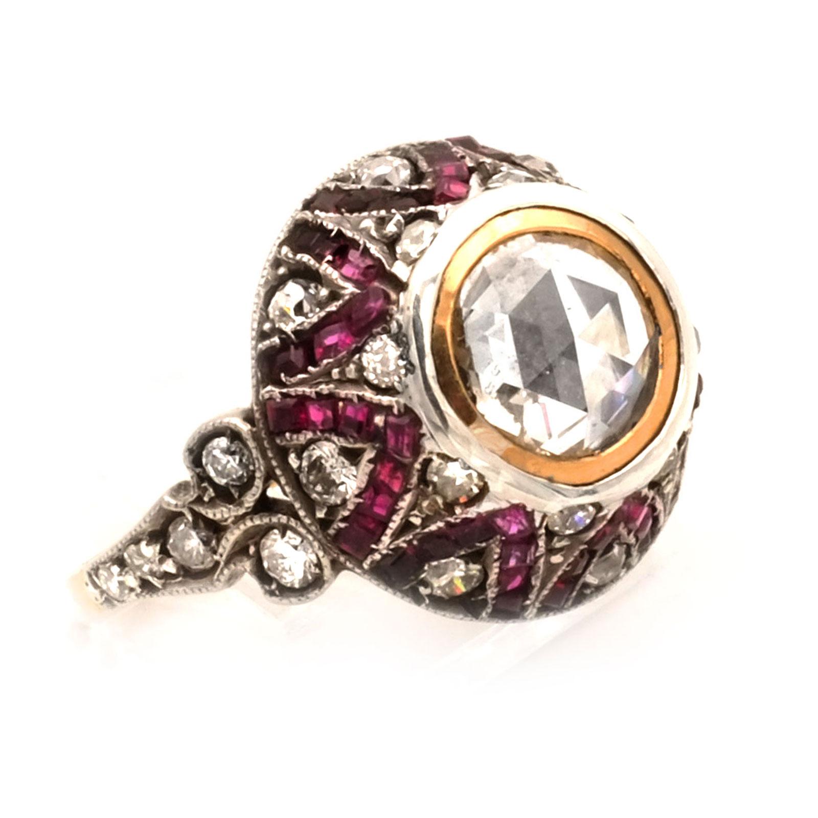Rose Cut Art Deco 0.8 Carat Rosecut Diamond and Ruby Solitaire Ring, circa 1920