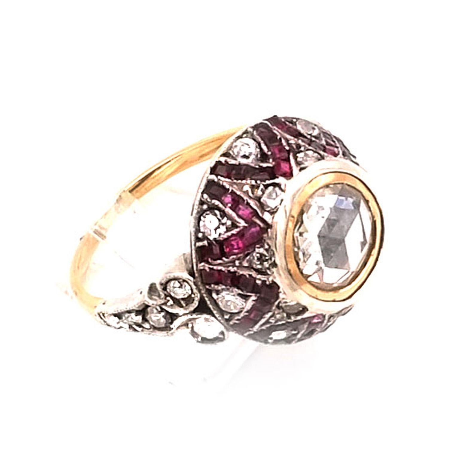 Women's Art Deco 0.8 Carat Rosecut Diamond and Ruby Solitaire Ring, circa 1920