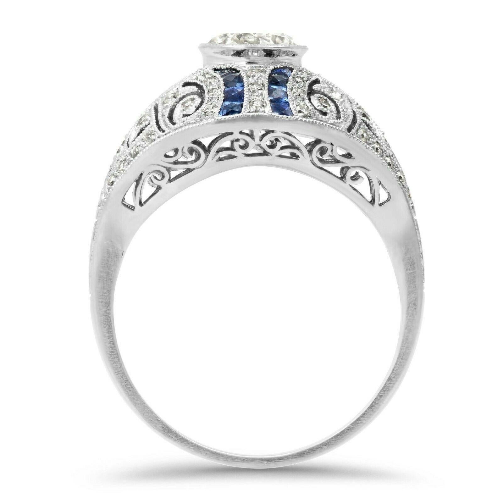 Round Cut Art Deco Style 0.80 Ct Center Diamond Sapphire 1.29 TCW Platinum Engagement Ring