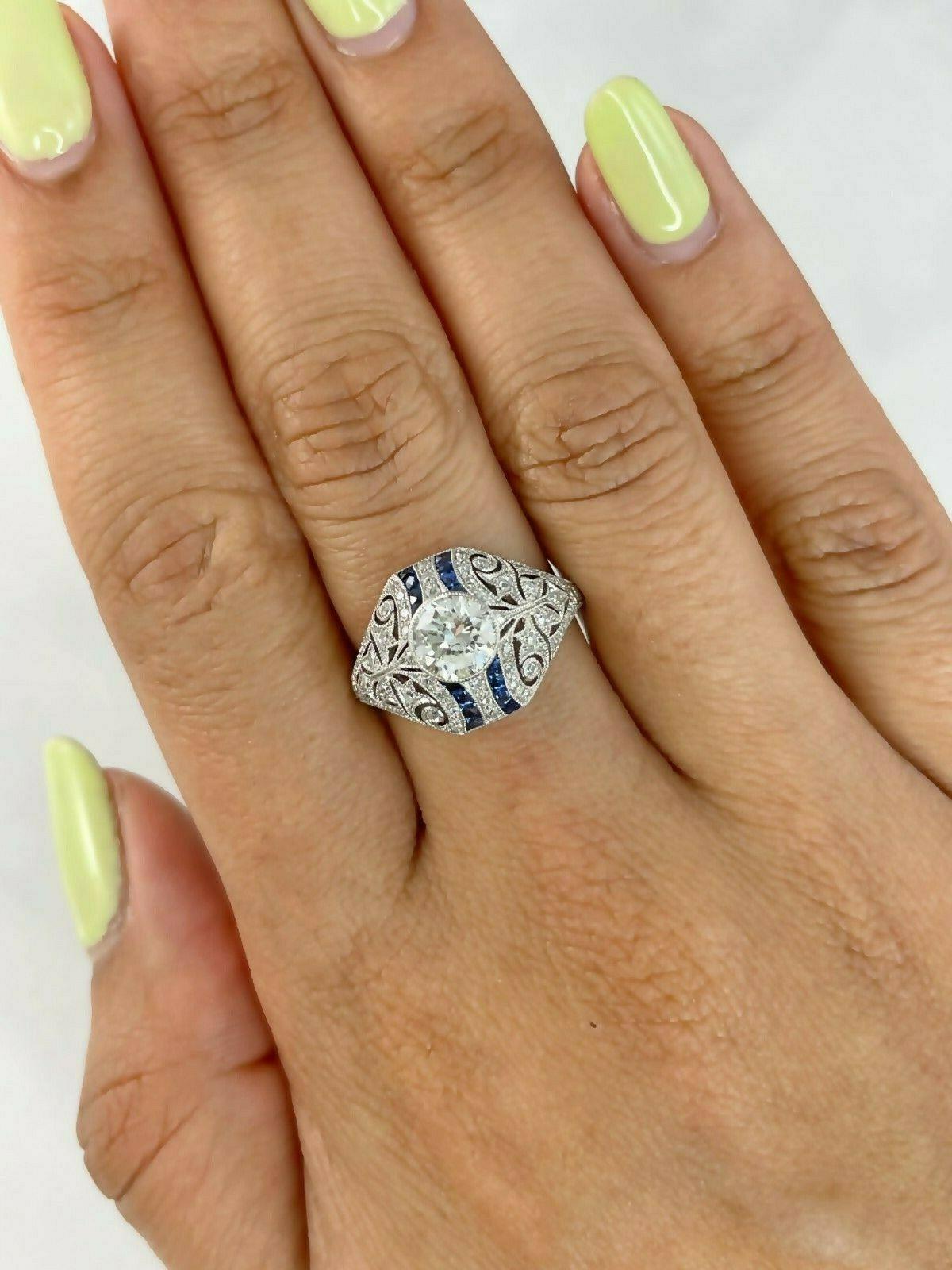 Women's Art Deco Style 0.80 Ct Center Diamond Sapphire 1.29 TCW Platinum Engagement Ring
