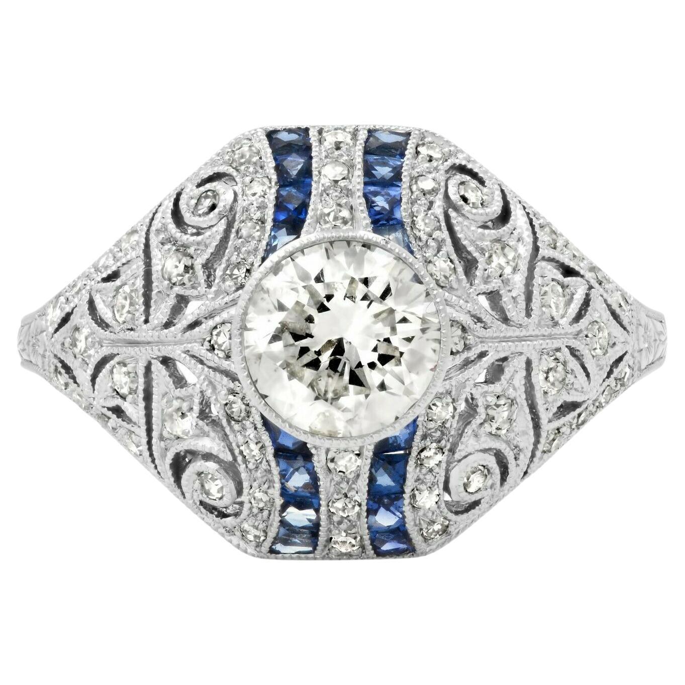 Art Deco Style 0.80 Ct Center Diamond Sapphire 1.29 TCW Platinum Engagement Ring