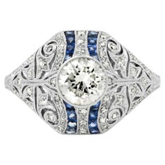 Art Deco Style 0.80 Ct Center Diamond Sapphire 1.29 TCW Platinum Engagement Ring