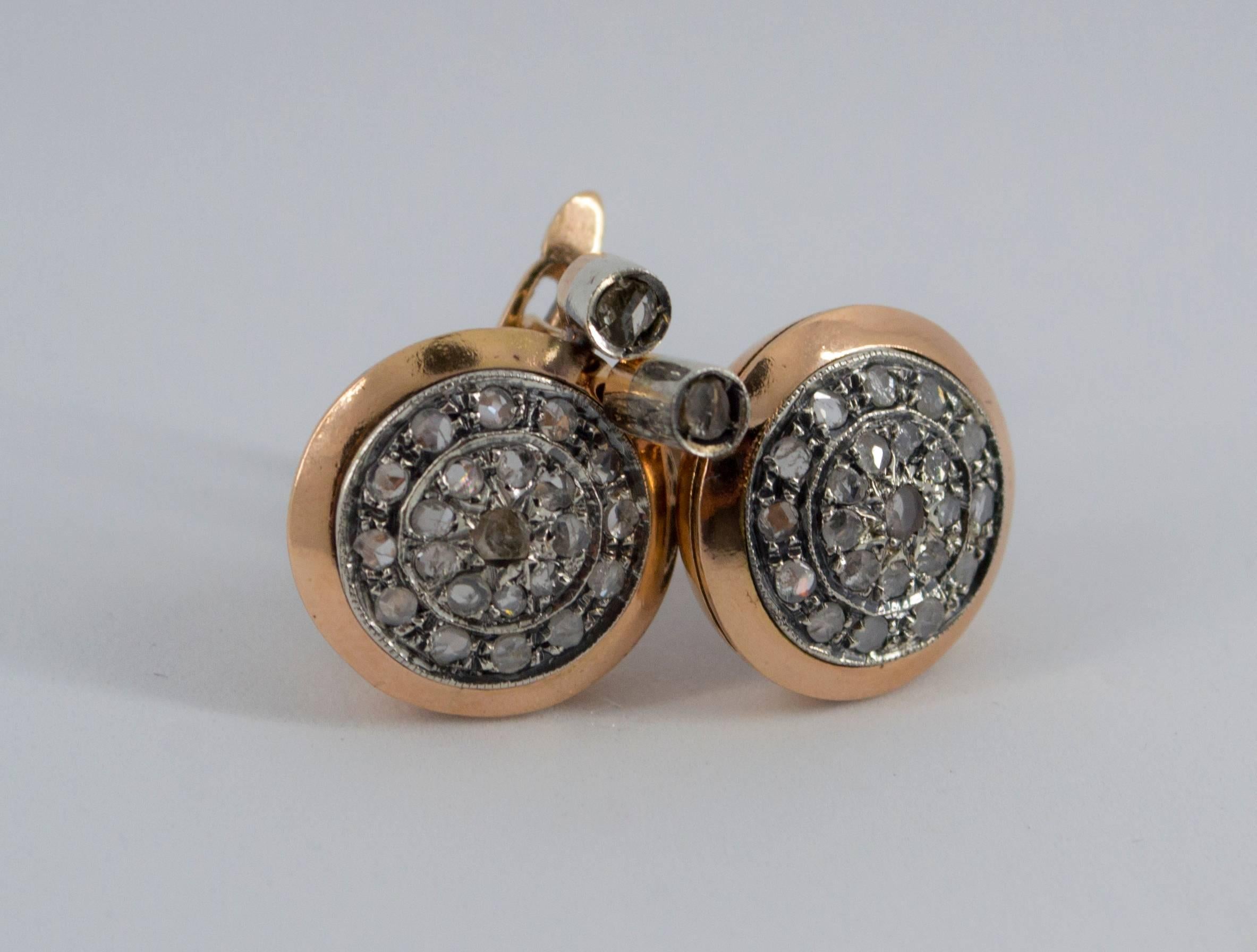 Renaissance Style  0.80 Carat White Rose Cut Diamond Gold Lever-Back Earrings In New Condition In Naples, IT