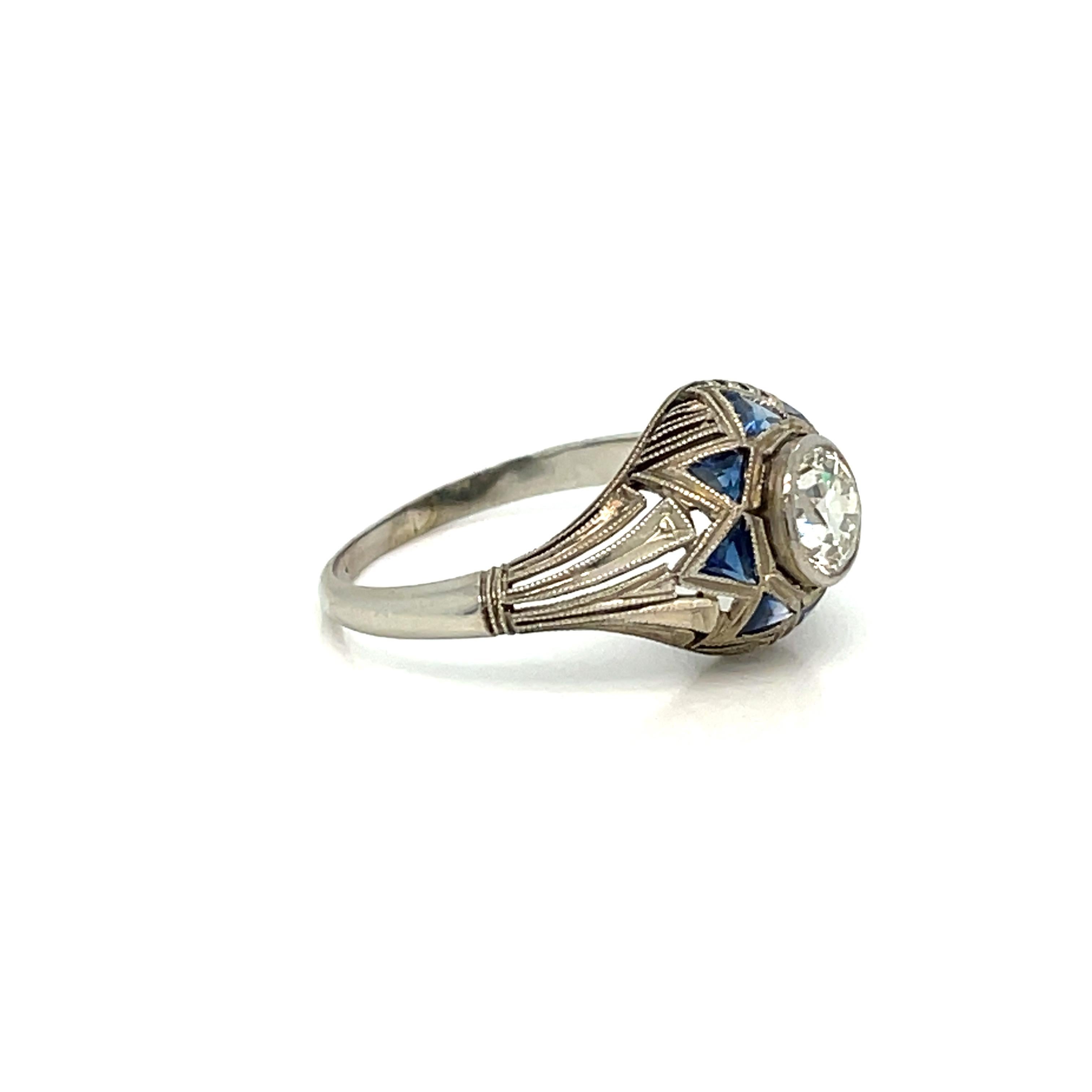 Old European Cut Art Deco 0.80 Carat Diamond Sapphire Filigree Ring For Sale