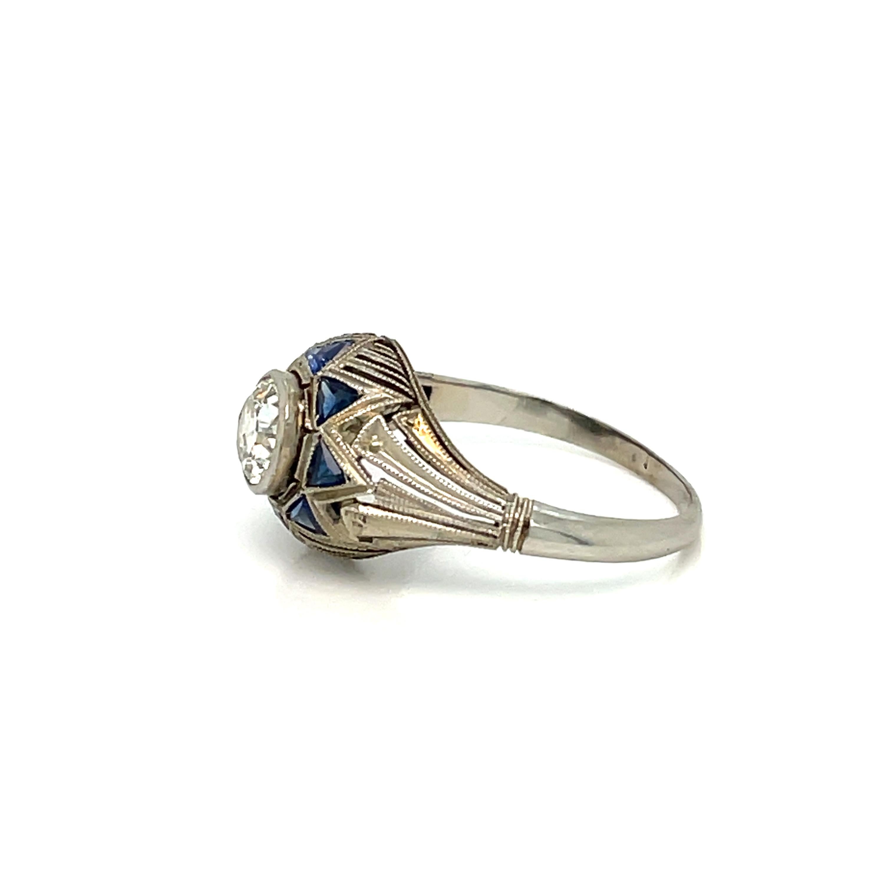 Filigraner Art-Déco-Ring mit 0,80 Karat Diamant und Saphir (Alteuropäischer Schliff) im Angebot