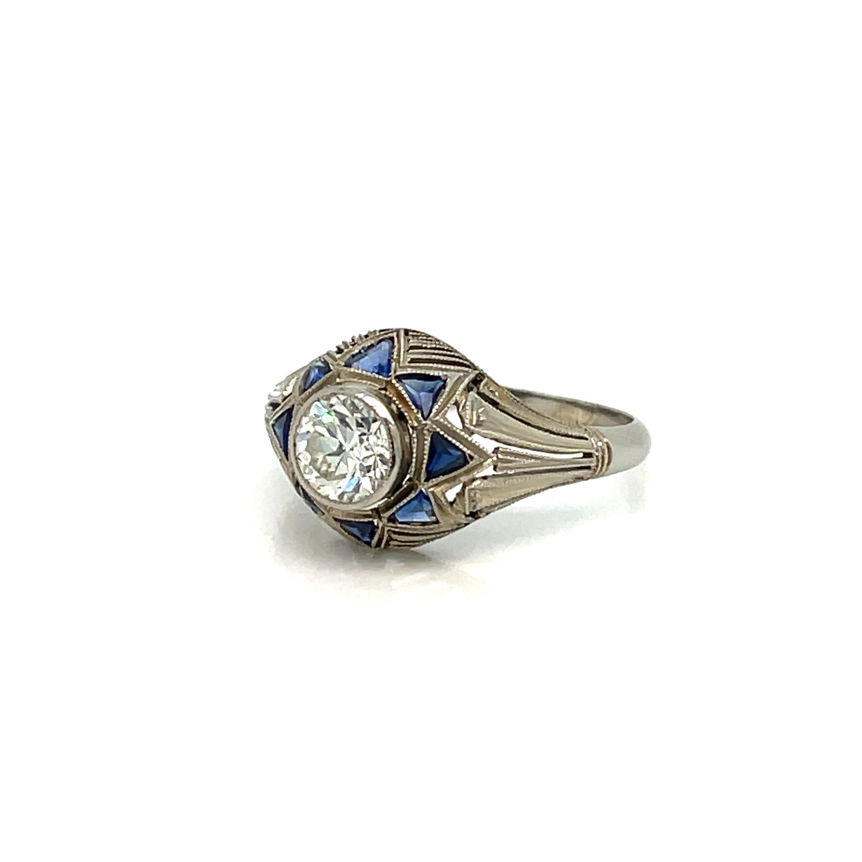 Women's or Men's Art Deco 0.80 Carat Diamond Sapphire Filigree Ring For Sale