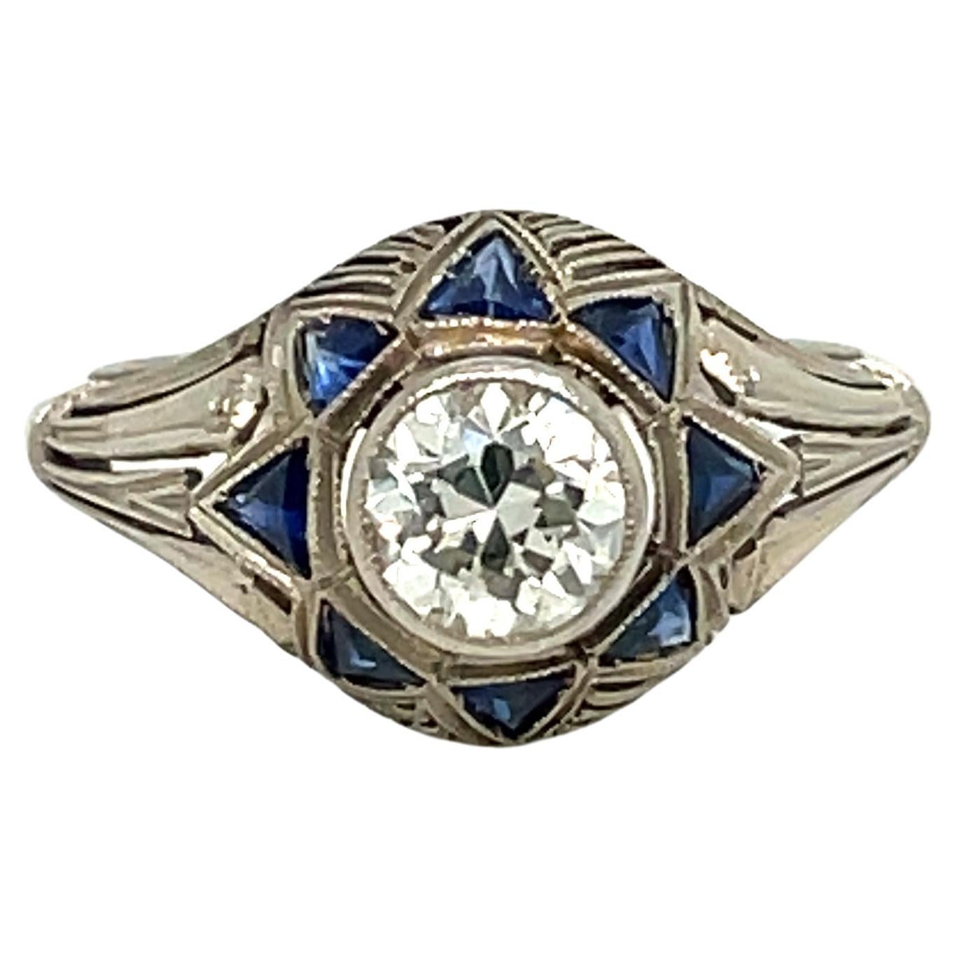 Art Deco 0.80 Carat Diamond Sapphire Filigree Ring For Sale