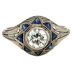 Antique Art Deco 0.80 Carat Diamond Sapphire Filigree Ring