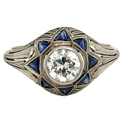 Art Deco 0.80 Carat Diamond Sapphire Filigree Ring
