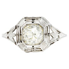 Art Deco 0.80 Carats Old Mine Diamond Platinum Foliate Engagement Ring