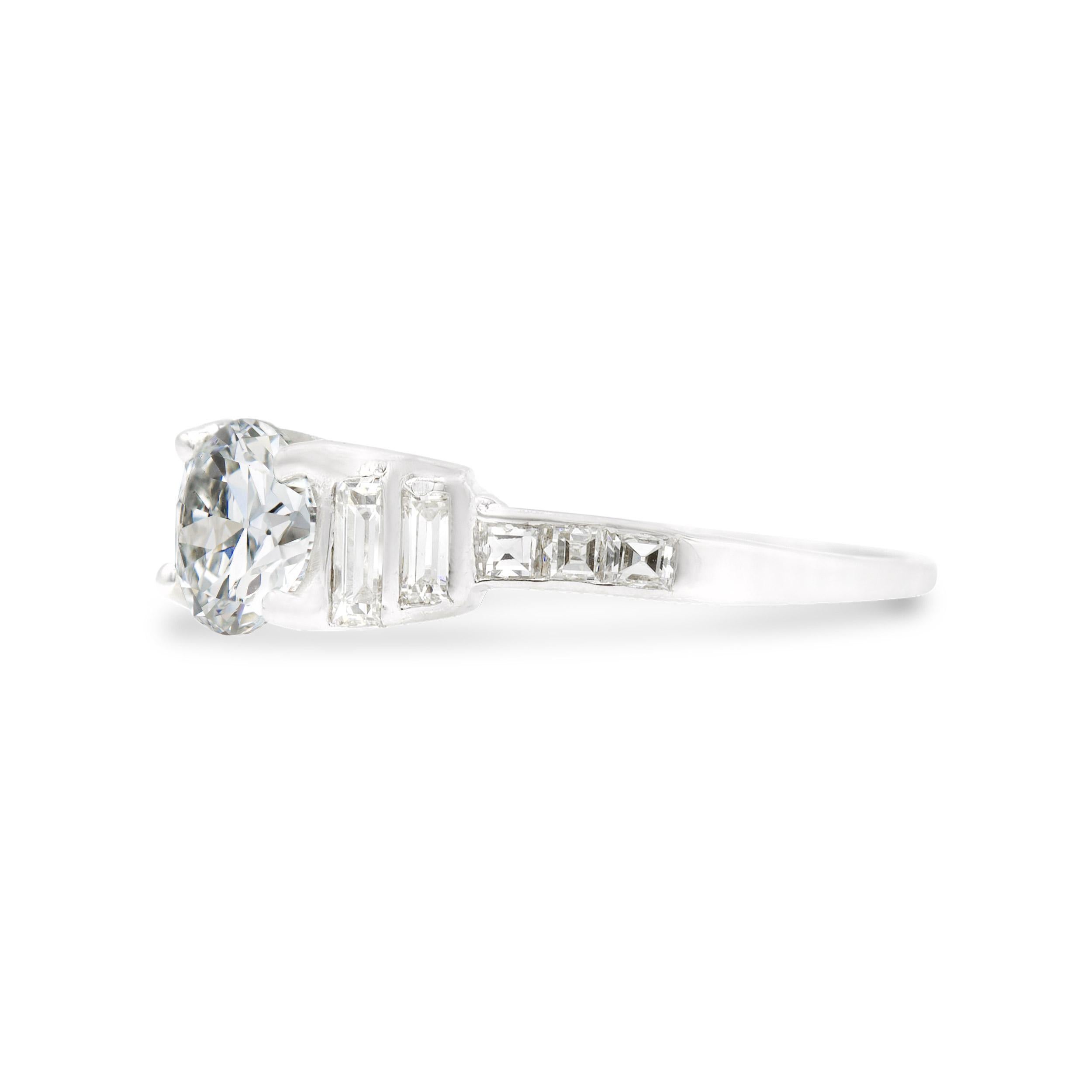 Get deco’d out with this chic and classic Art Deco engagement ring. Thanks to its open table and broad facets, the spread-y old European diamond sparkles lively from the center. It’s shouldered by four striking, crystal clear, straight baguettes