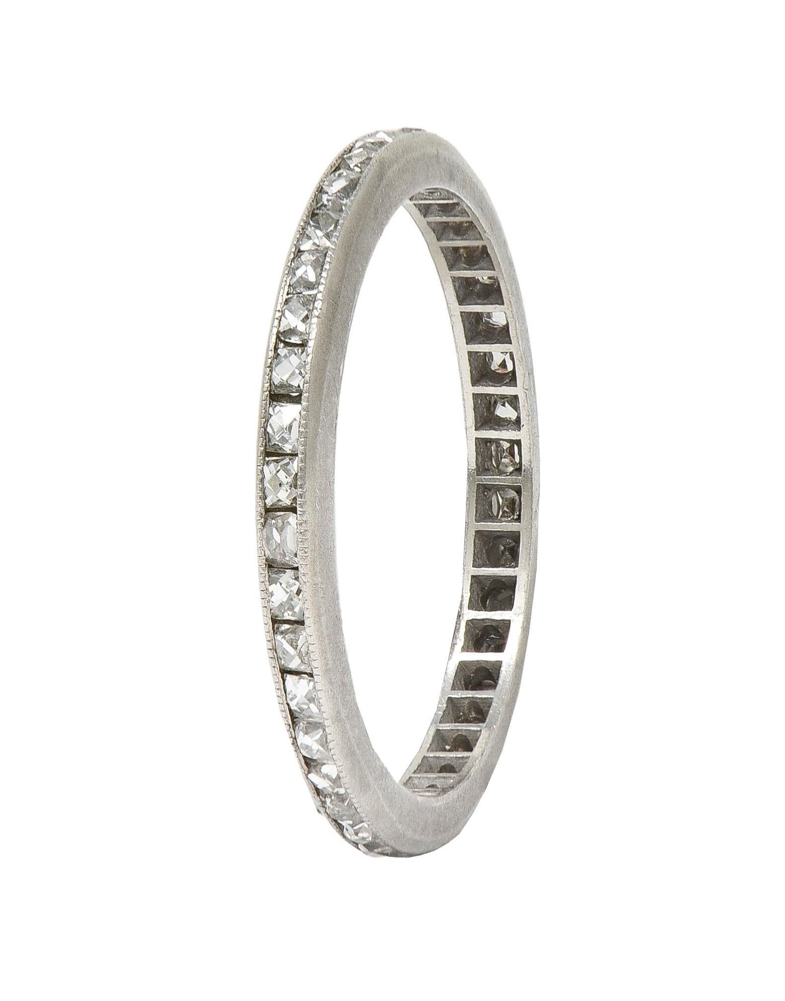 Art Deco 0.80 CTW French Cut Diamond Platinum Antique Eternity Wedding Band Ring In Excellent Condition For Sale In Philadelphia, PA