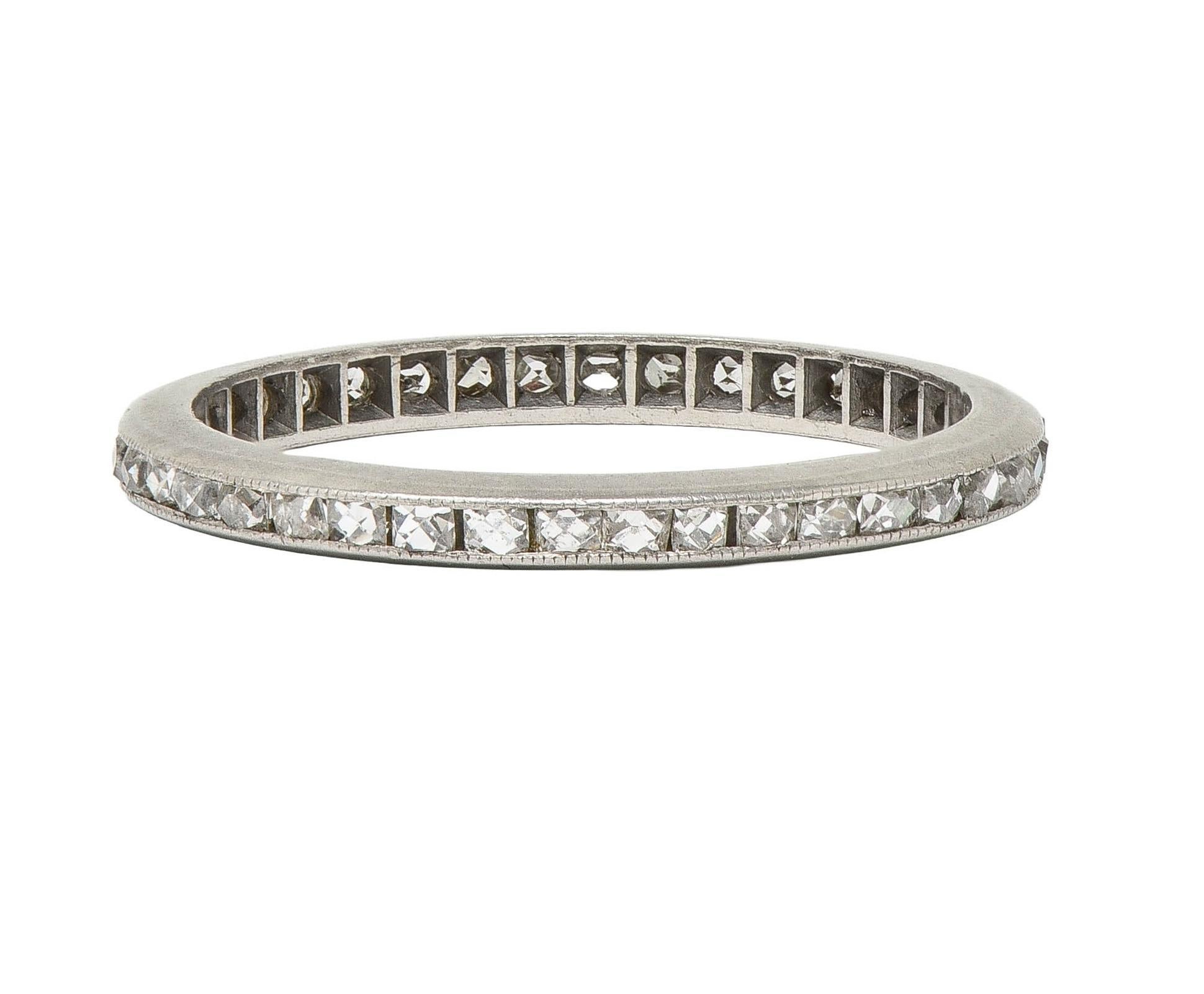 Art Deco 0.80 CTW French Cut Diamond Platinum Antique Eternity Wedding Band Ring For Sale 3