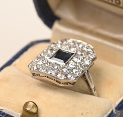 Art Deco 0.80ct Carre Cut Sapphire Ring. Old European Diamond Halo Ring Platinum