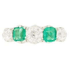 Art Deco 0.80ct Diamond and Emerald Five Stone Ring, c.1920s