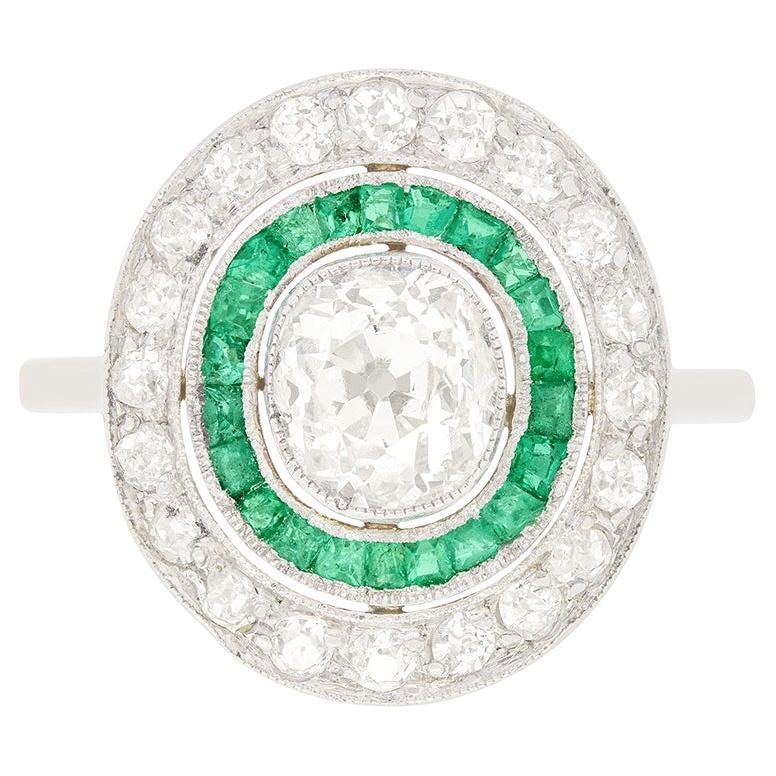 Anello Art Deco con diamante e smeraldo da 0,80 carati, 1920 circa