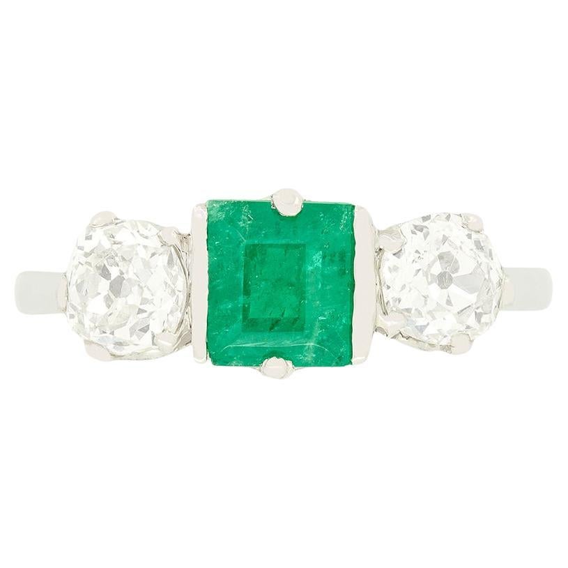 Art Deco 0.80ct Emerald and Diamond Three Stone Ring, c.1920s
