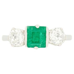 Art Deco 0.80ct Emerald and Diamond Three Stone Ring, c.1920s