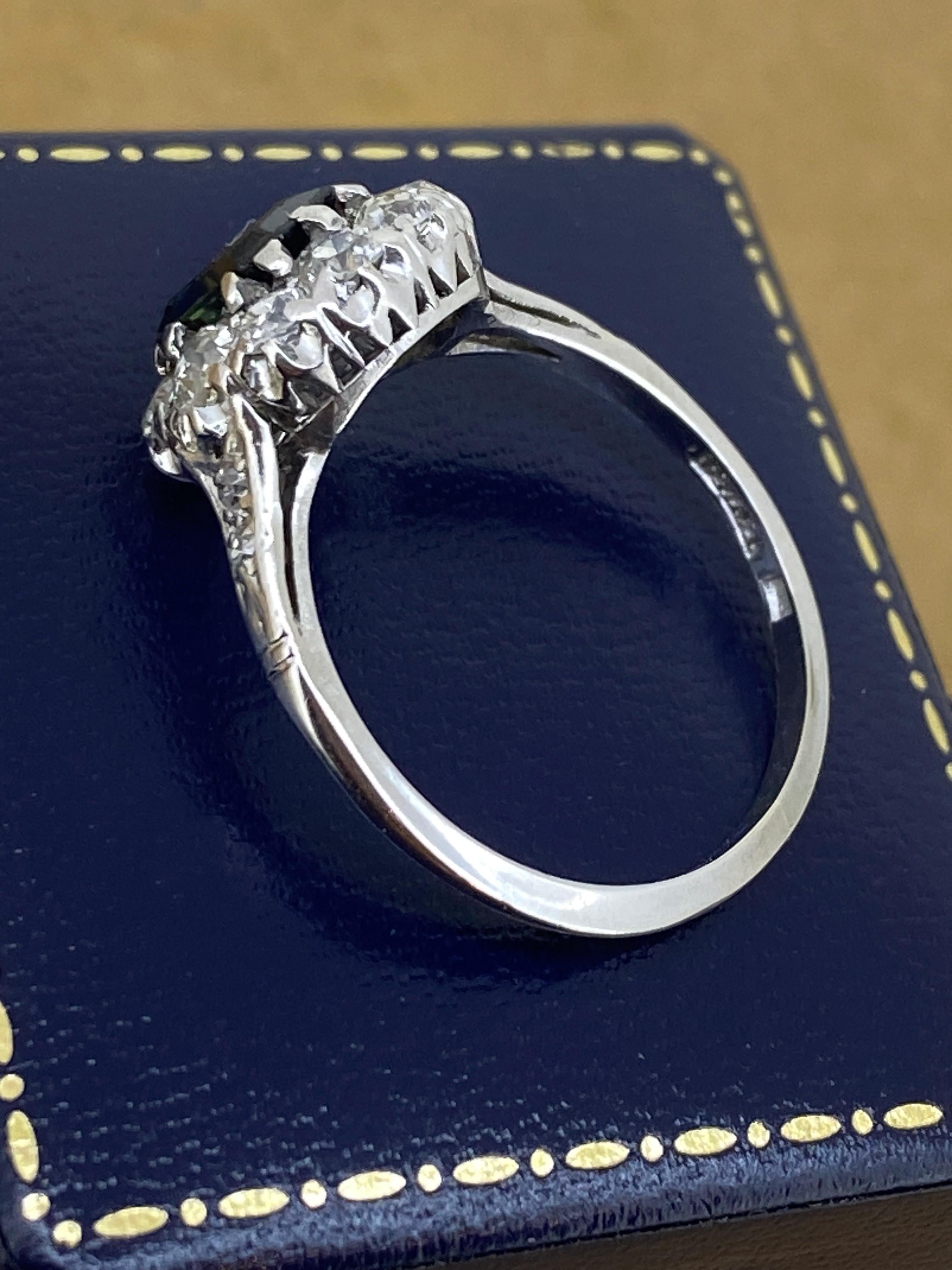 Art-Deco 0,80ct Natürlicher Saphir & Diamantring mit Smaragdschliff in 18K Gold/Platin Damen im Angebot