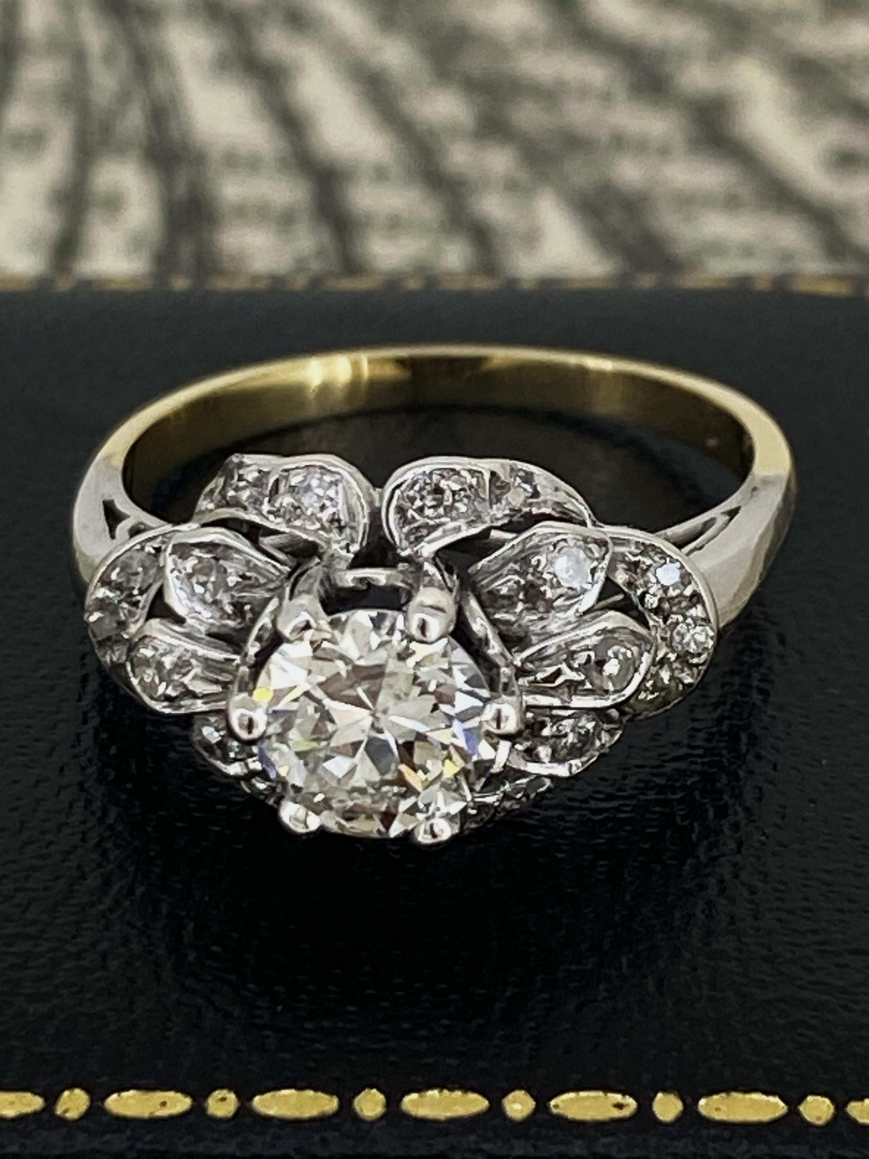 Art-Deco 0,80 Karat Alteuropäischer Diamant Solitär mit Akzenten Gold & Platin Ring (Alteuropäischer Schliff)