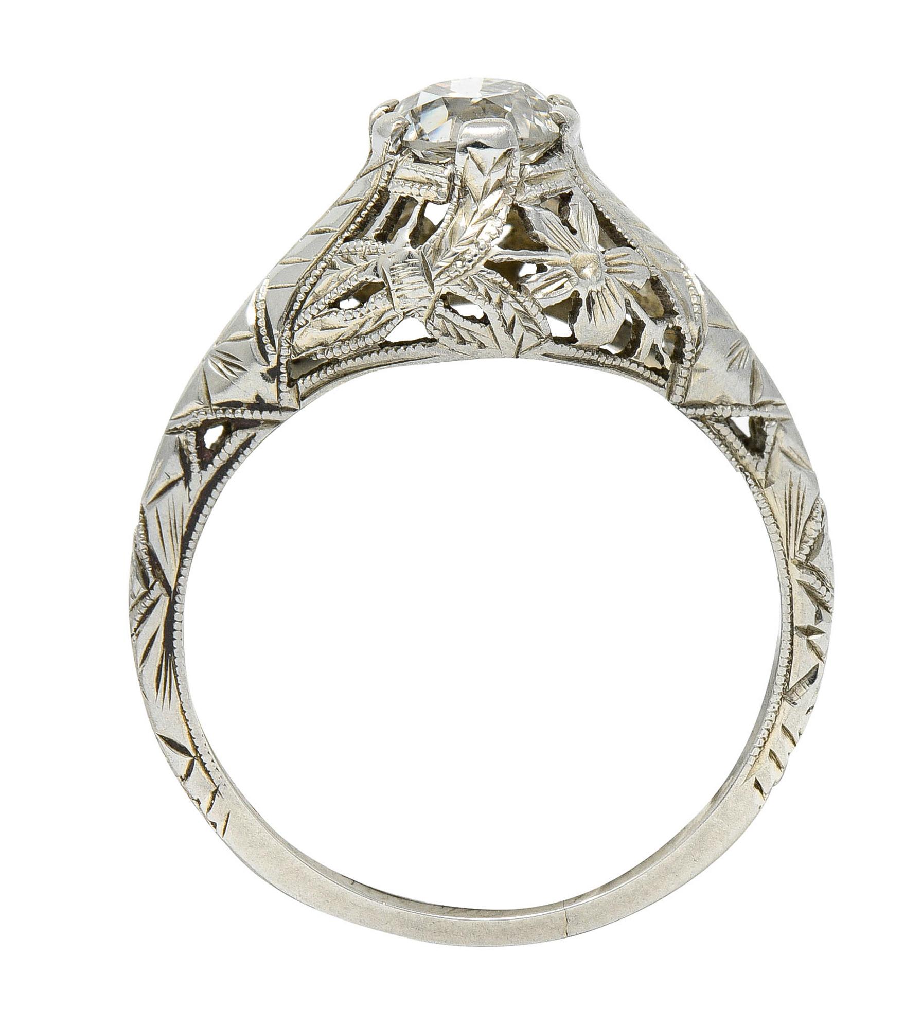 Art Deco 0.81 Carat Diamond 18 Karat White Gold Floral Engagement Ring GIA 2