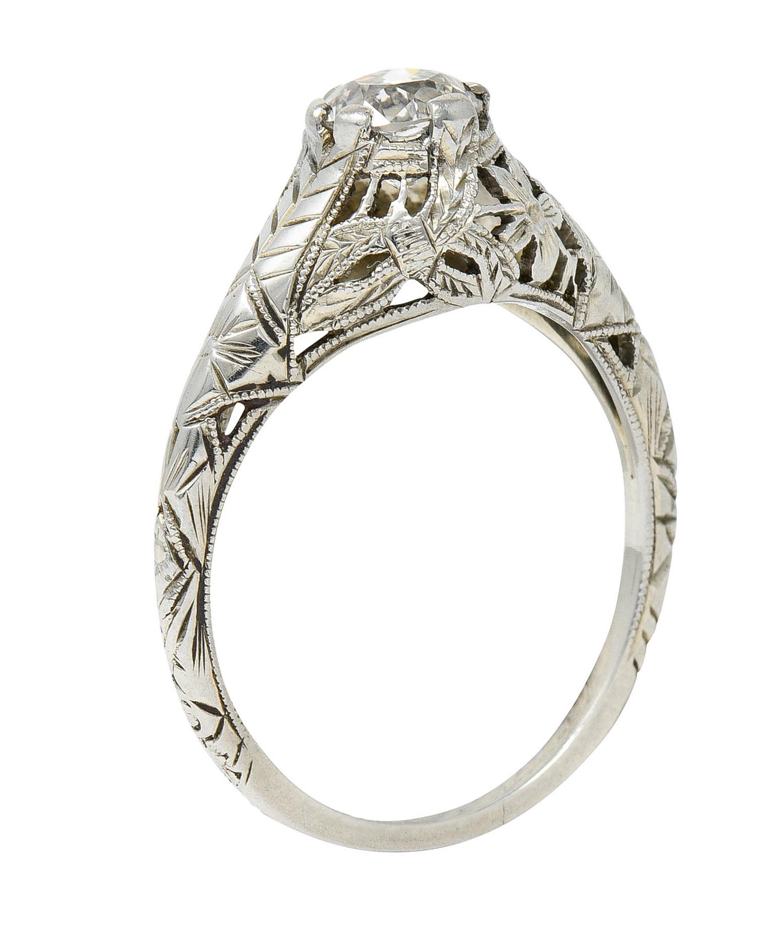 Art Deco 0.81 Carat Diamond 18 Karat White Gold Floral Engagement Ring GIA 3