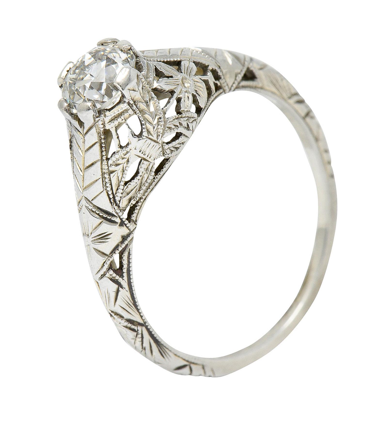 Art Deco 0.81 Carat Diamond 18 Karat White Gold Floral Engagement Ring GIA 5