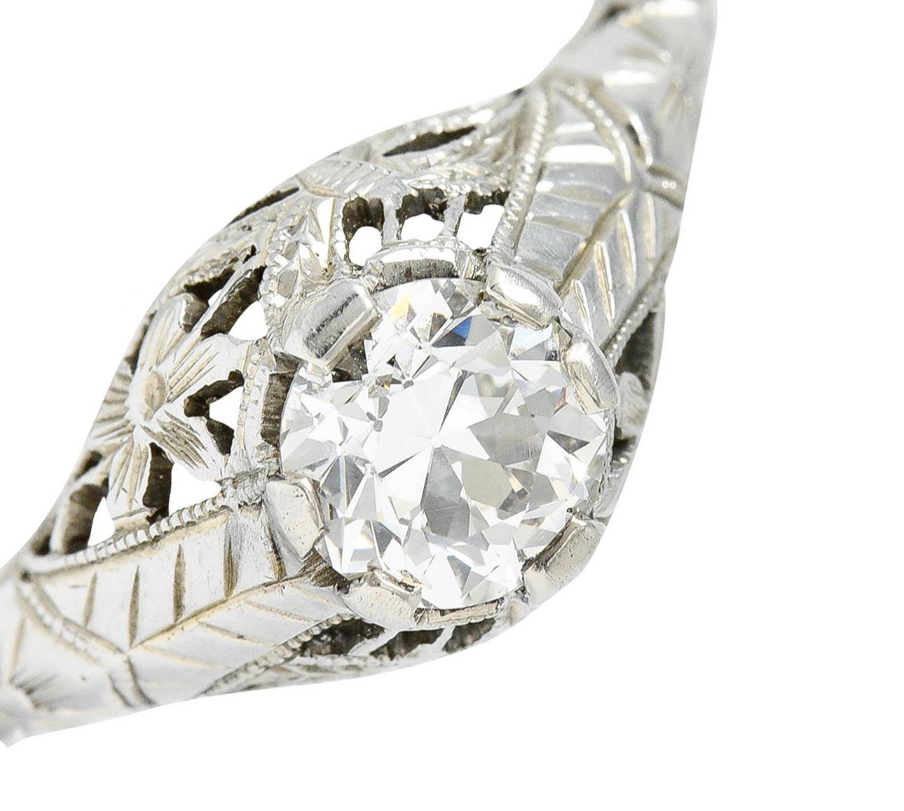 Women's or Men's Art Deco 0.81 Carat Diamond 18 Karat White Gold Floral Engagement Ring GIA