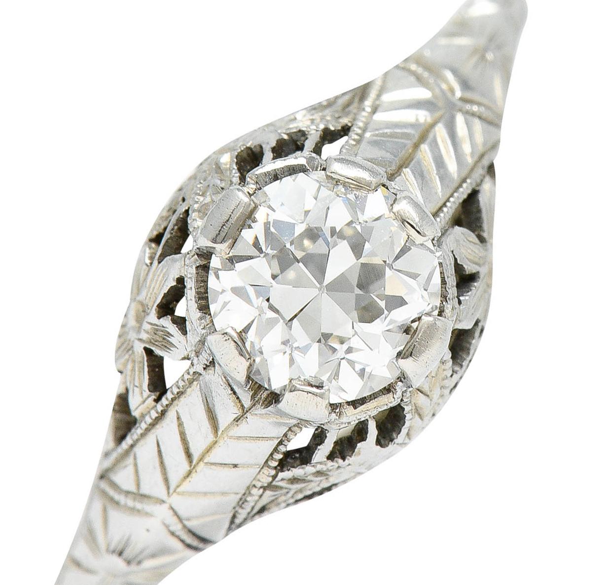 Art Deco 0.81 Carat Diamond 18 Karat White Gold Floral Engagement Ring GIA 1