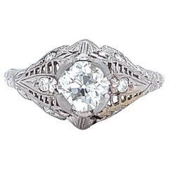 Art Deco 0.81 Carat Old European Cut Diamond Platinum Filigree Ring