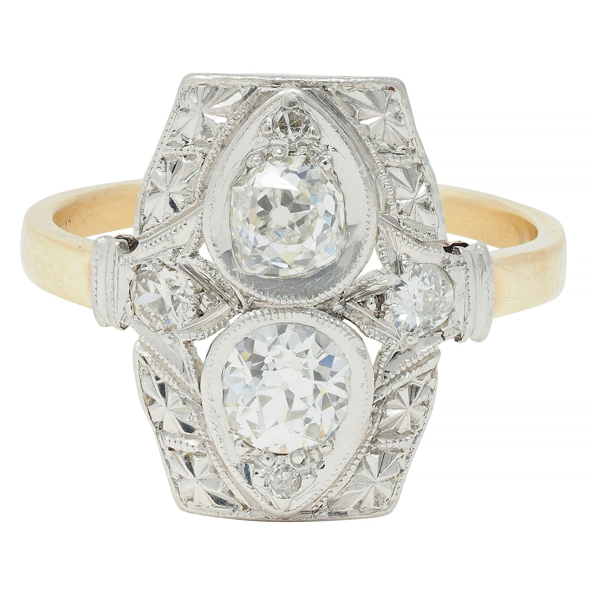 Art Deco 0.82 CTW Diamond Platinum 14 K Lotus Toi-Et-Moi Antique Dinner Ring For Sale 5