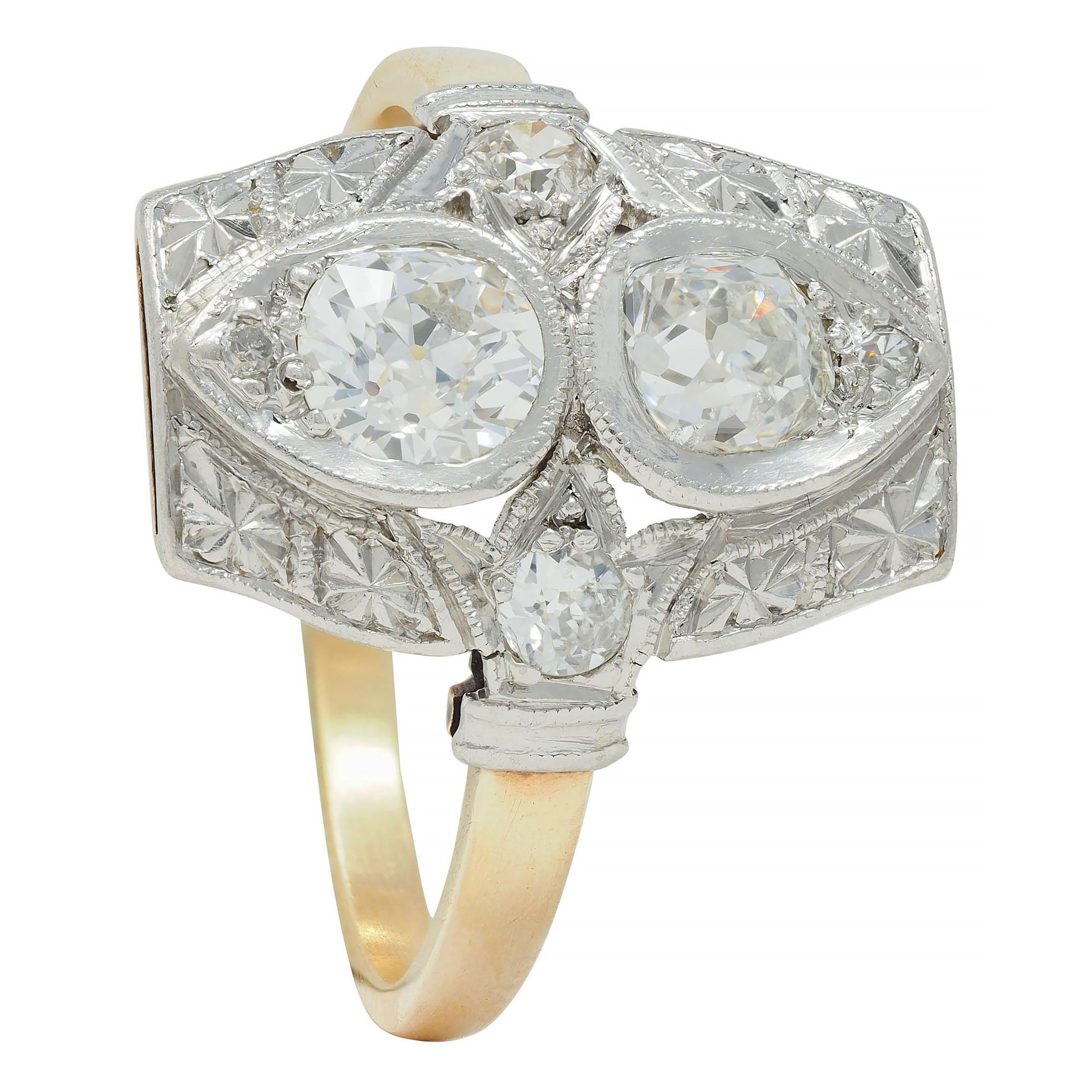 Art Deco 0.82 CTW Diamond Platinum 14 K Lotus Toi-Et-Moi Antique Dinner Ring For Sale 7