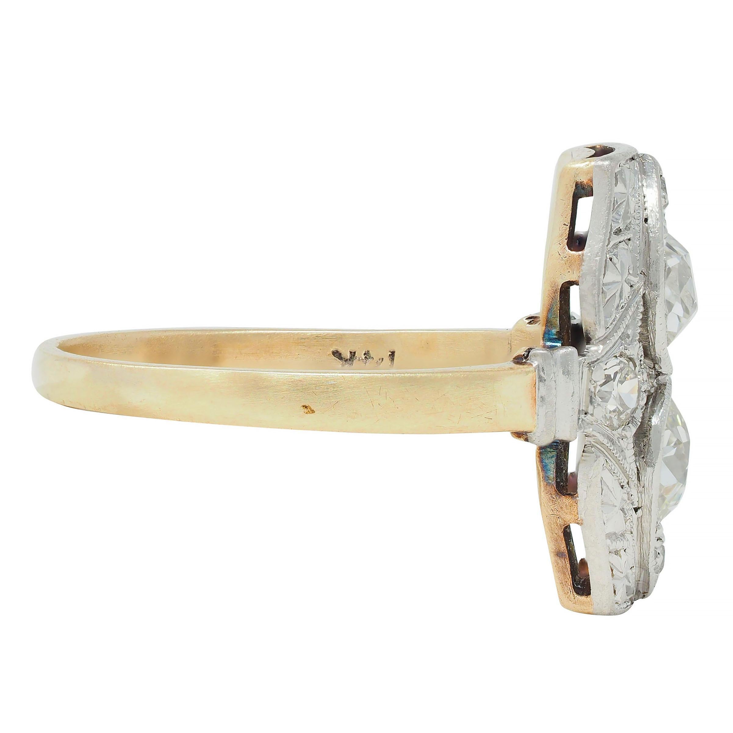Art Deco 0.82 CTW Diamond Platinum 14 K Lotus Toi-Et-Moi Antique Dinner Ring In Excellent Condition For Sale In Philadelphia, PA