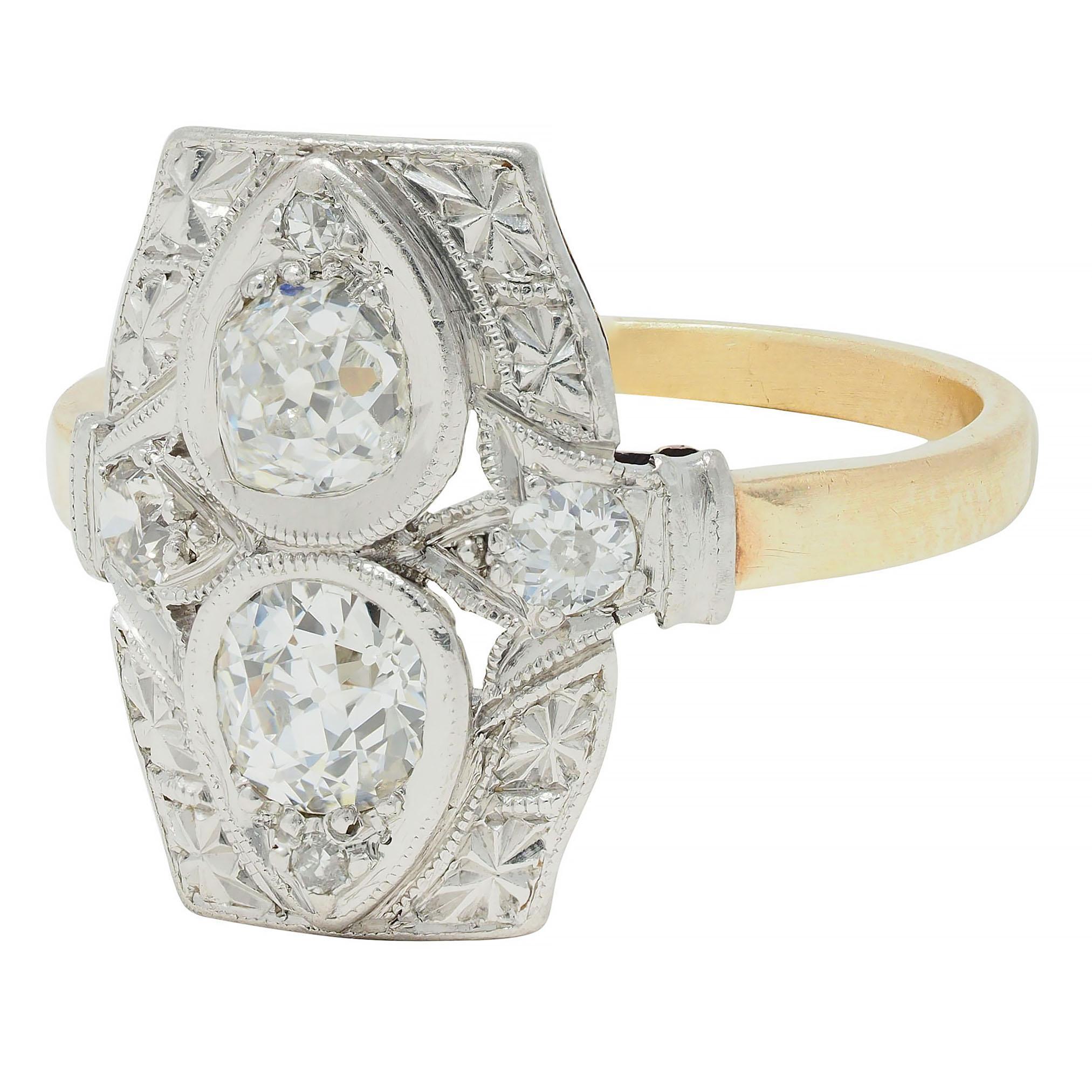 Art Deco 0.82 CTW Diamond Platinum 14 K Lotus Toi-Et-Moi Antique Dinner Ring For Sale 2