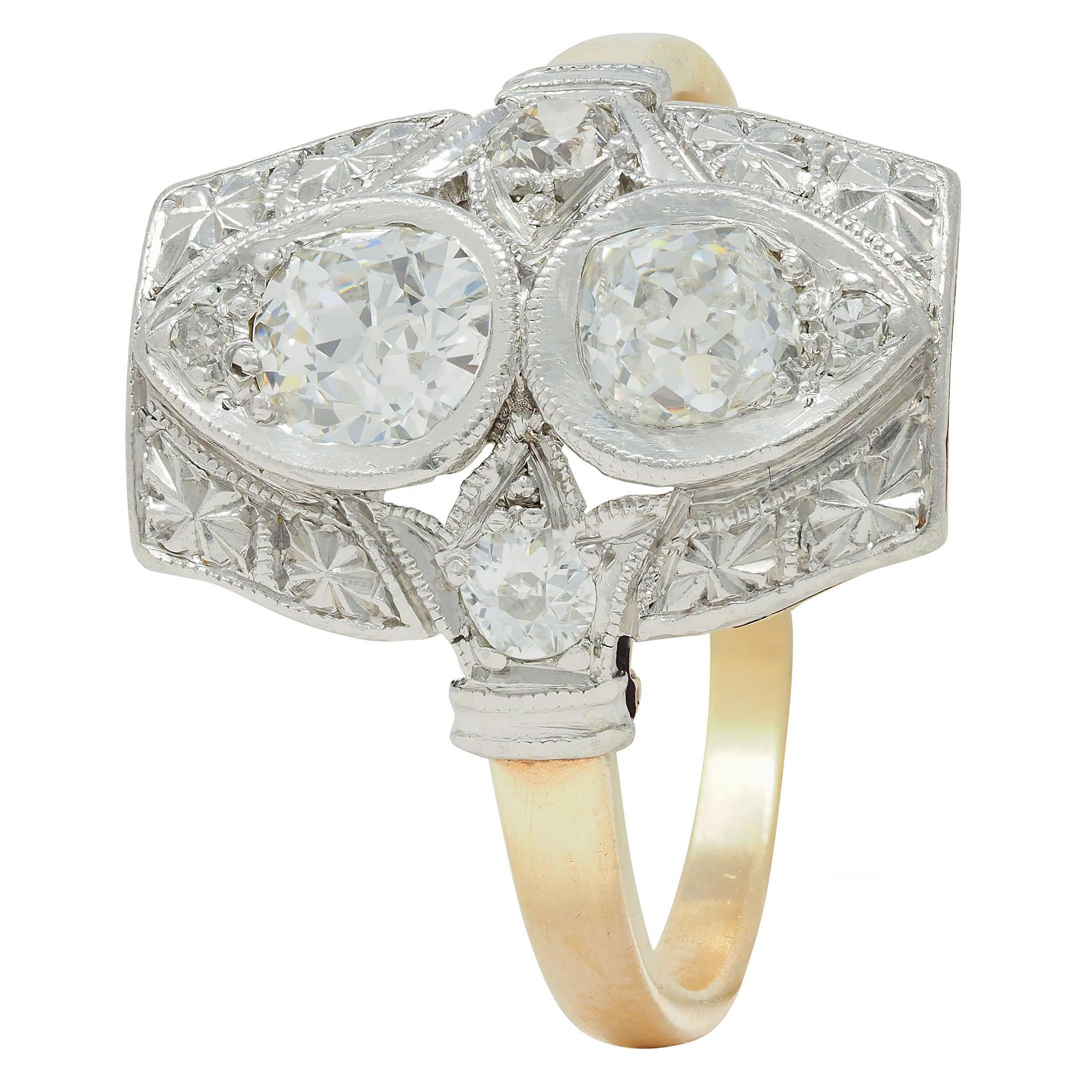 Art Deco 0.82 CTW Diamond Platinum 14 K Lotus Toi-Et-Moi Antique Dinner Ring For Sale 3