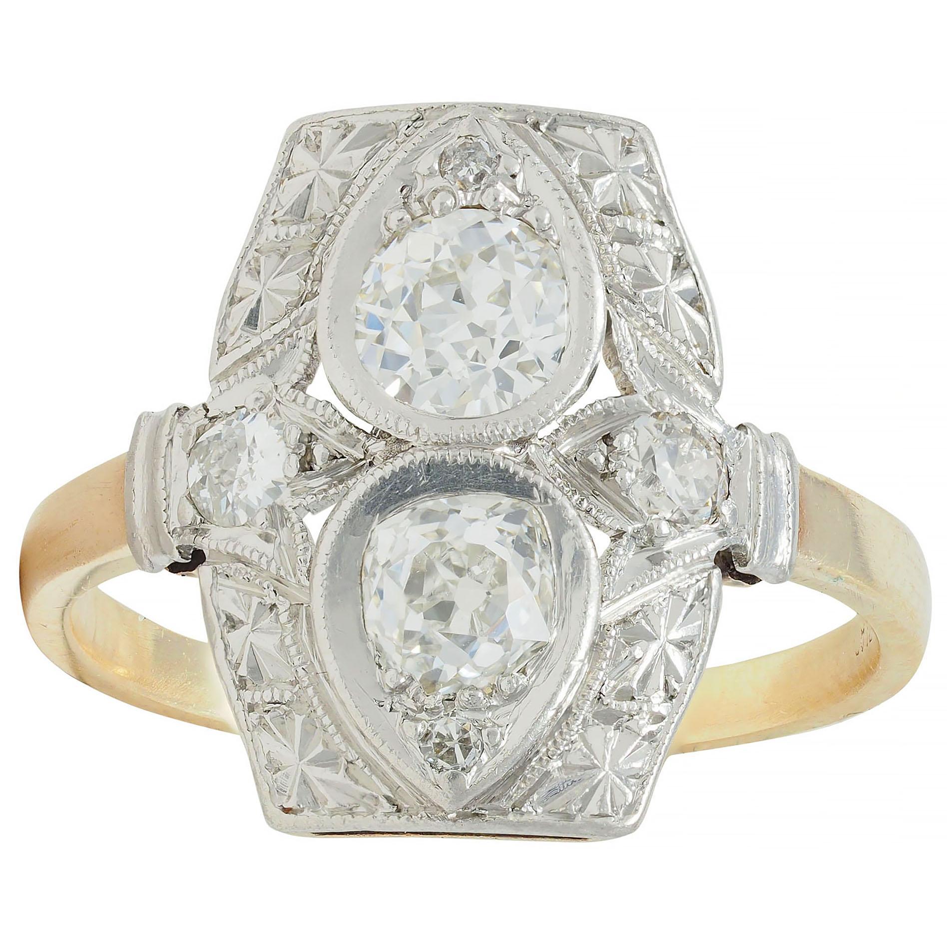 Art Deco 0.82 CTW Diamond Platinum 14 K Lotus Toi-Et-Moi Antique Dinner Ring For Sale 4