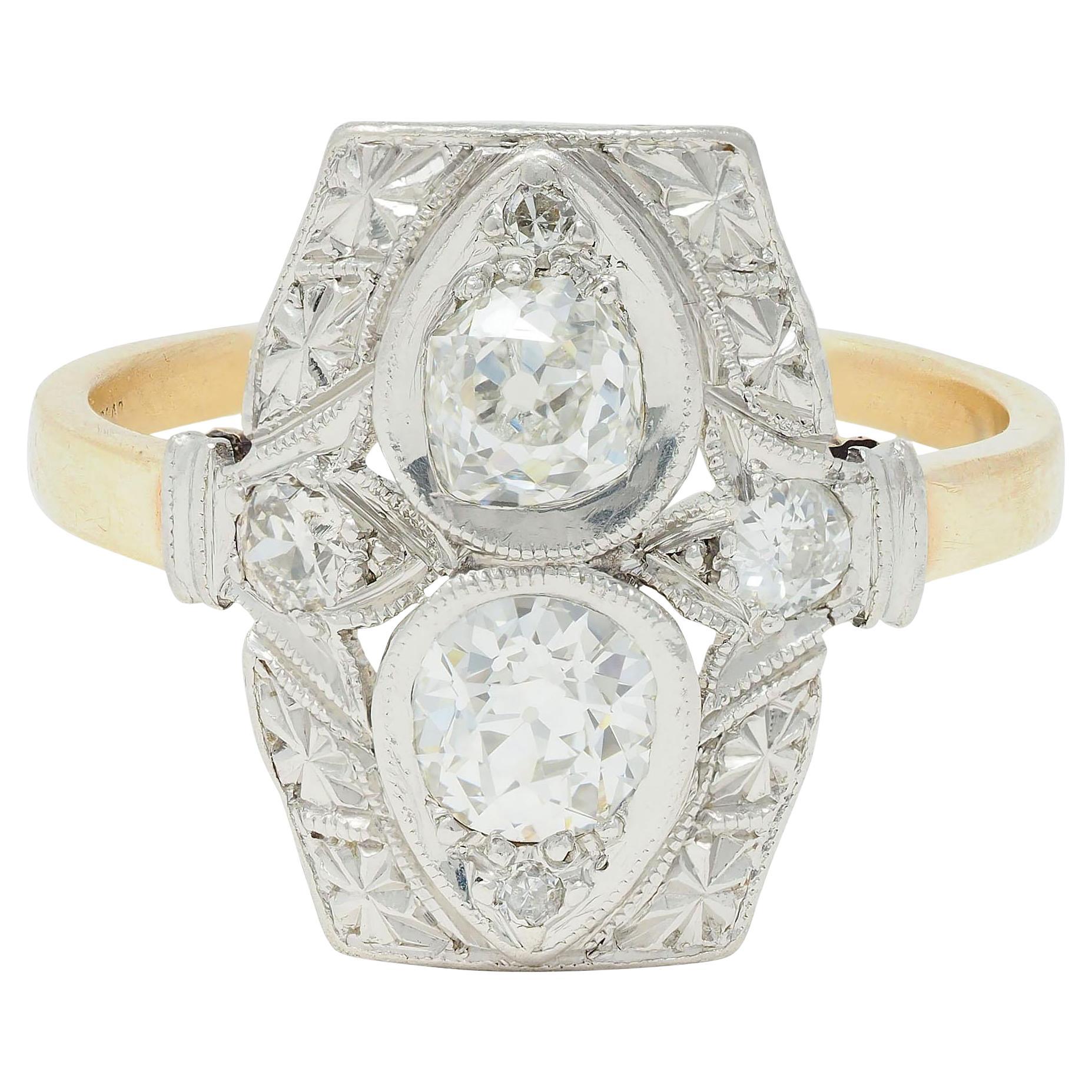 Art Deco 0.82 CTW Diamond Platinum 14 K Lotus Toi-Et-Moi Antique Dinner Ring For Sale