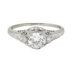 Antique Art Deco 0.83 Carat Diamond Platinum Scrolled Engagement Ring GIA