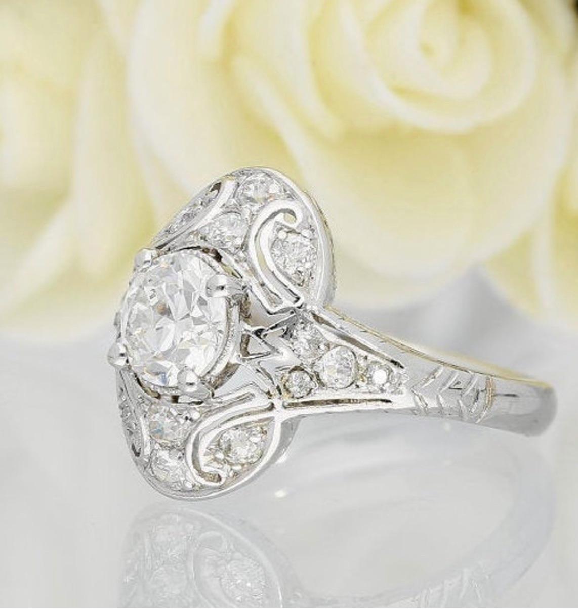 Women's Art Deco 0.83 Carat EGL Certified Old-Cut Diamond Gold Platinum Ring