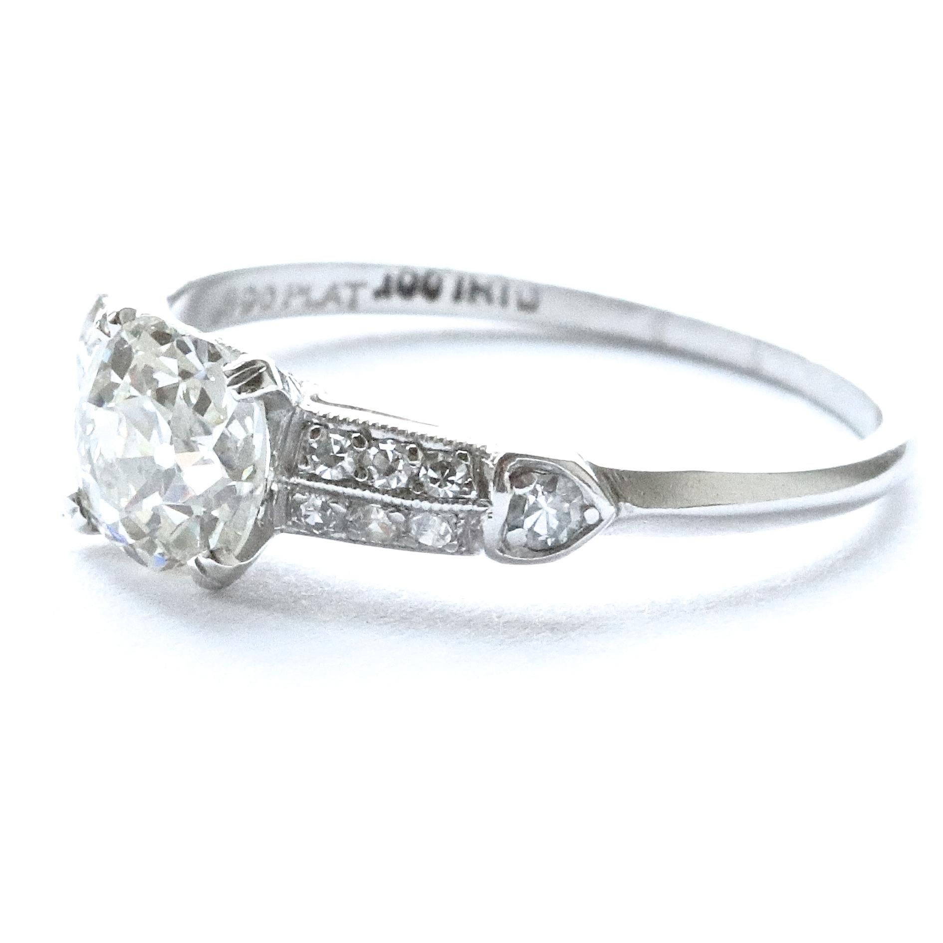 Art Deco 0.83 Carat Diamond Platinum Engagement Ring In Excellent Condition In Beverly Hills, CA