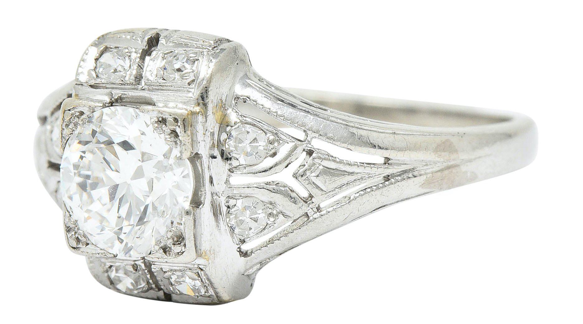 Single Cut Art Deco 0.85 Carat Diamond Platinum Dinner Engagement Ring For Sale