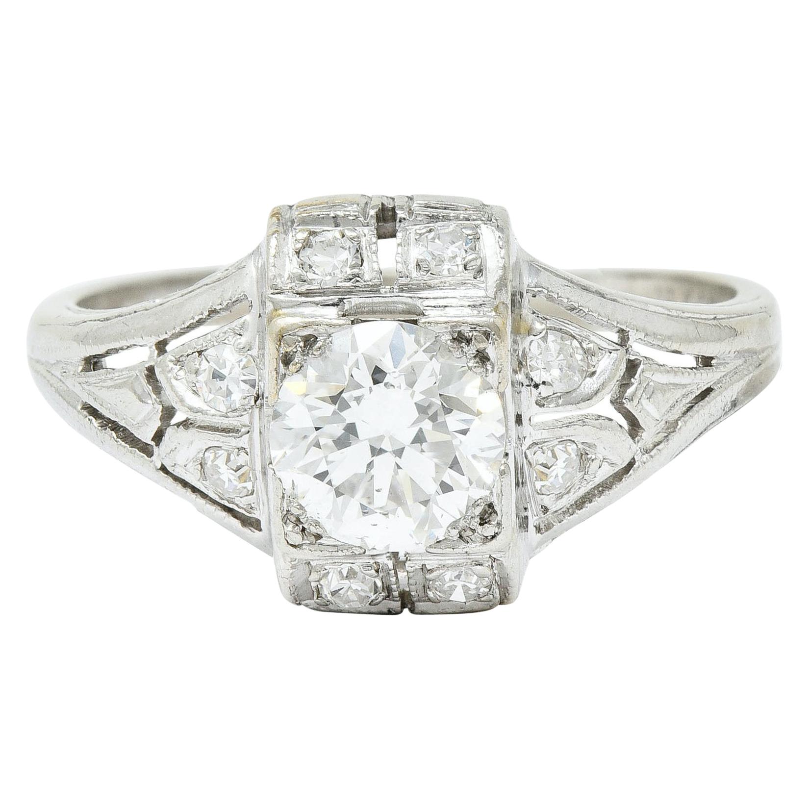 Art Deco 0.85 Carat Diamond Platinum Dinner Engagement Ring For Sale