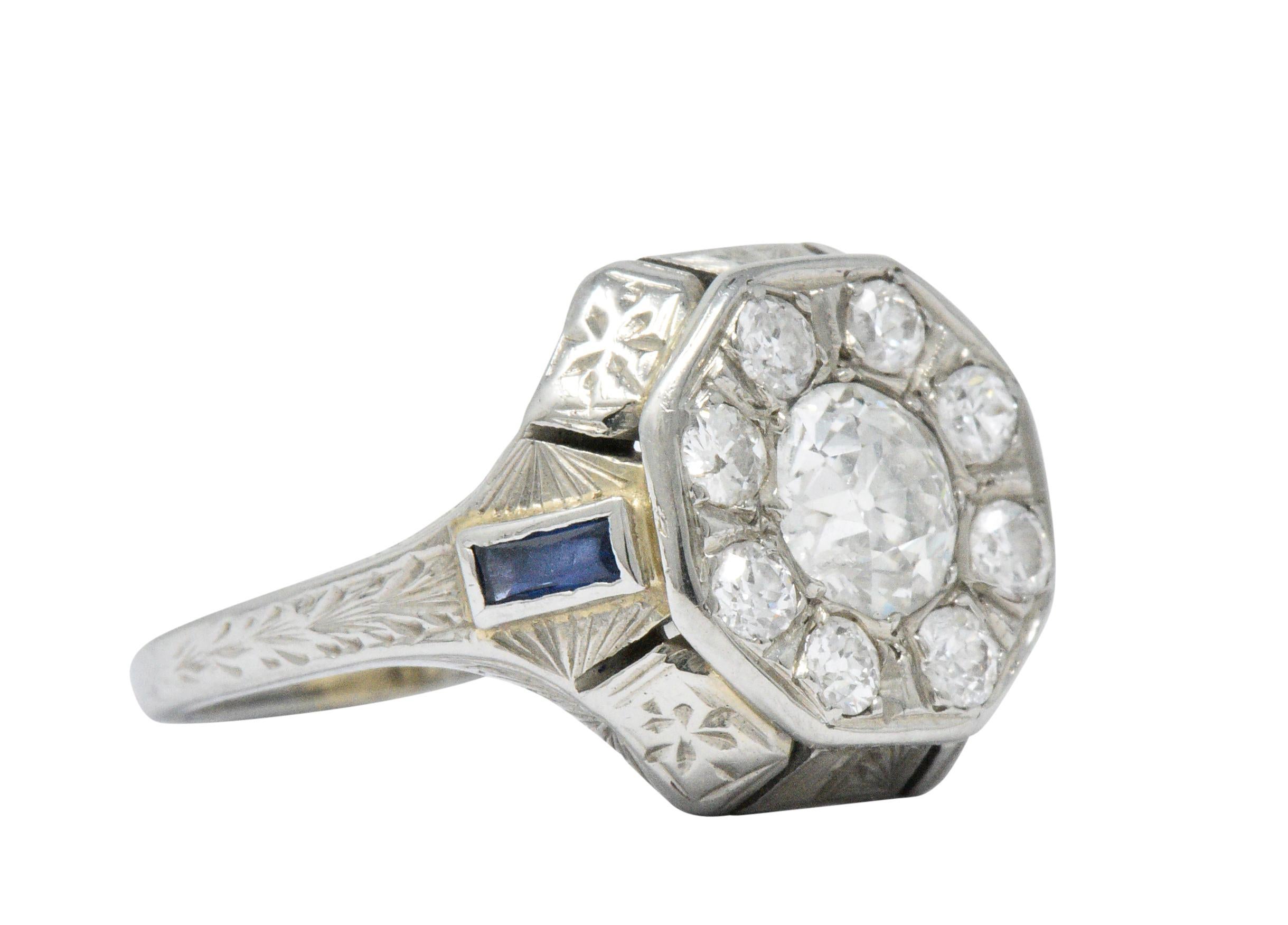 Art Deco 0.85 Carat Diamond Synthetic Sapphire 18 Karat White Gold Cluster Ring In Excellent Condition In Philadelphia, PA