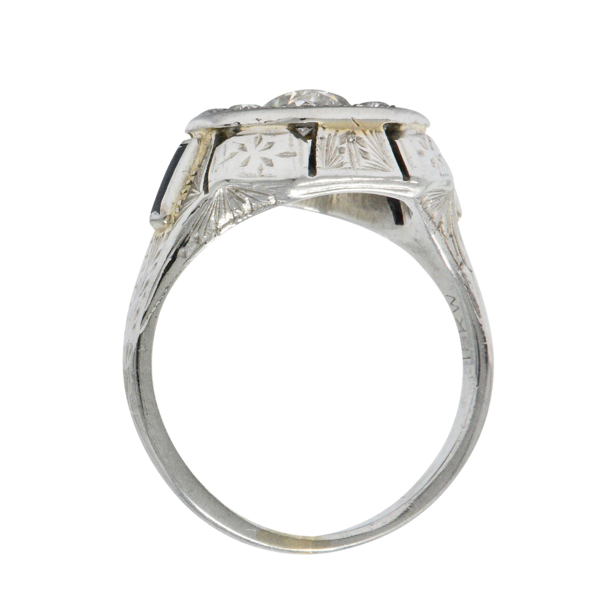 Women's or Men's Art Deco 0.85 Carat Diamond Synthetic Sapphire 18 Karat White Gold Cluster Ring