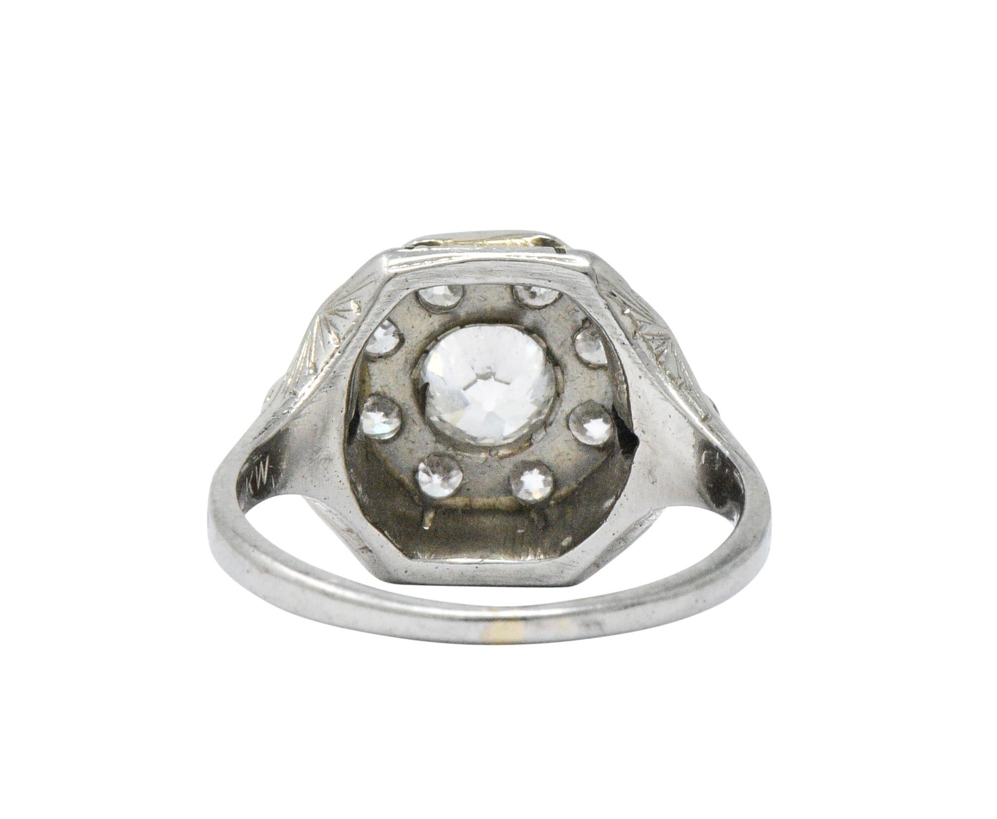 Art Deco 0.85 Carat Diamond Synthetic Sapphire 18 Karat White Gold Cluster Ring 1