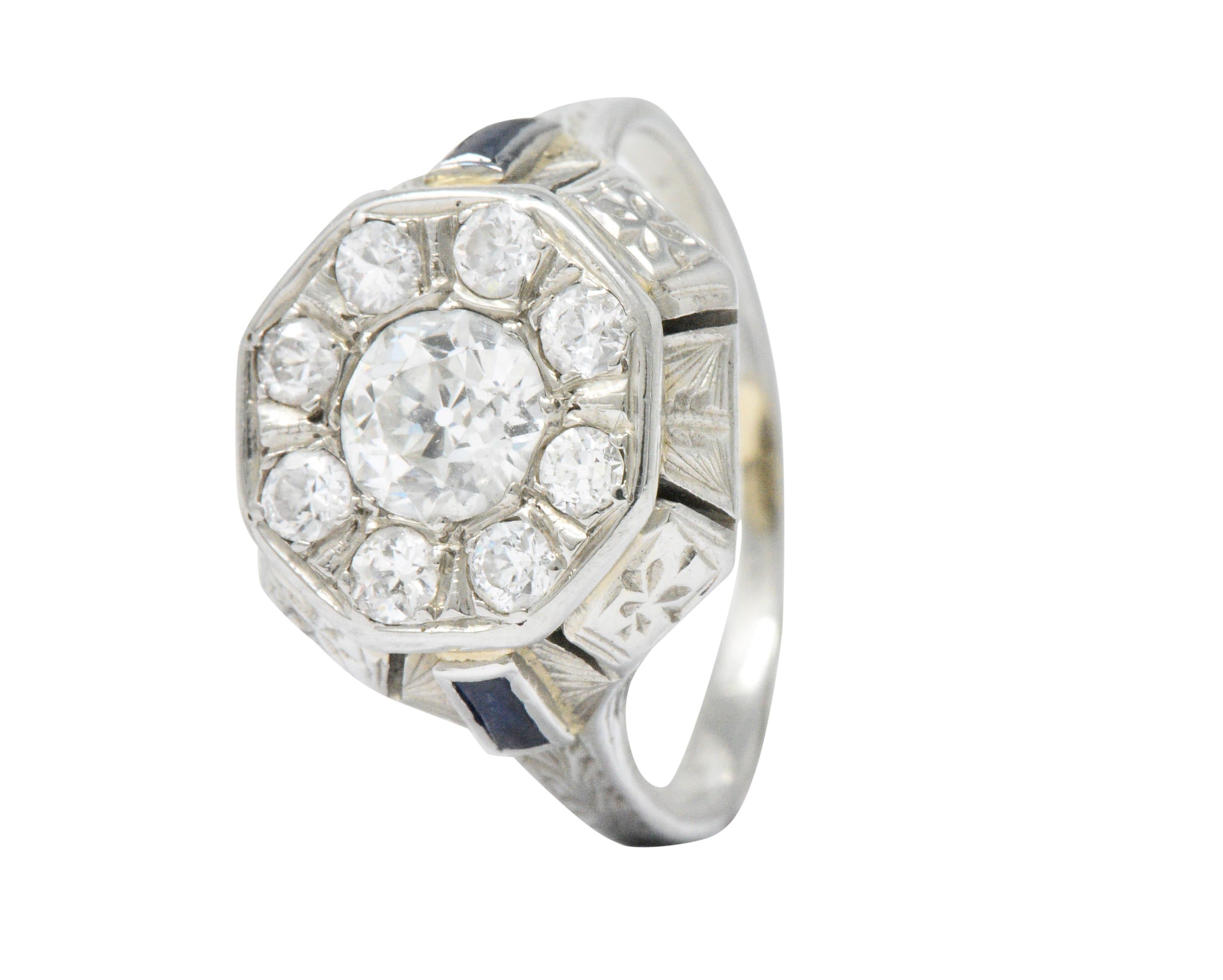Art Deco 0.85 Carat Diamond Synthetic Sapphire 18 Karat White Gold Cluster Ring 2