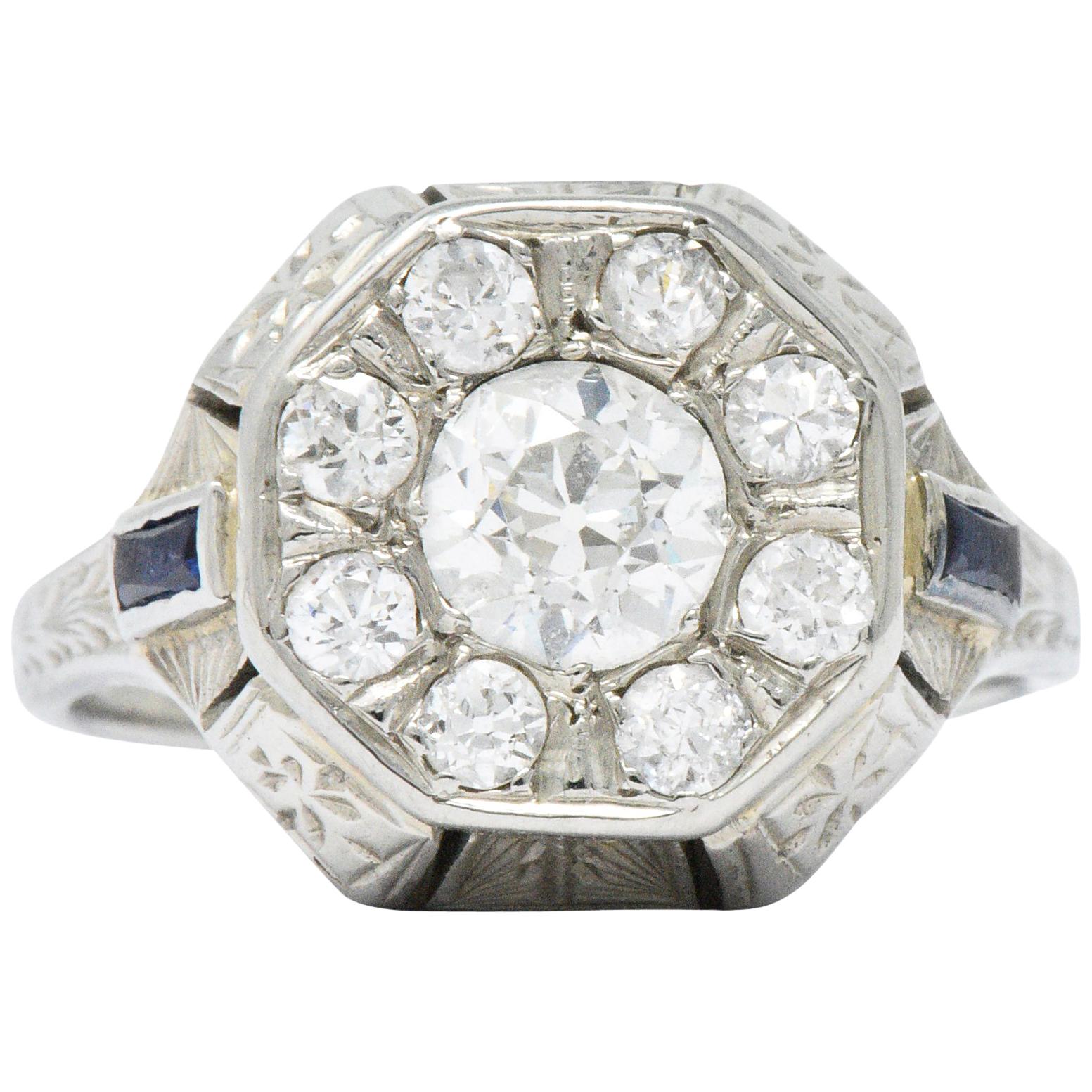 Art Deco 0.85 Carat Diamond Synthetic Sapphire 18 Karat White Gold Cluster Ring