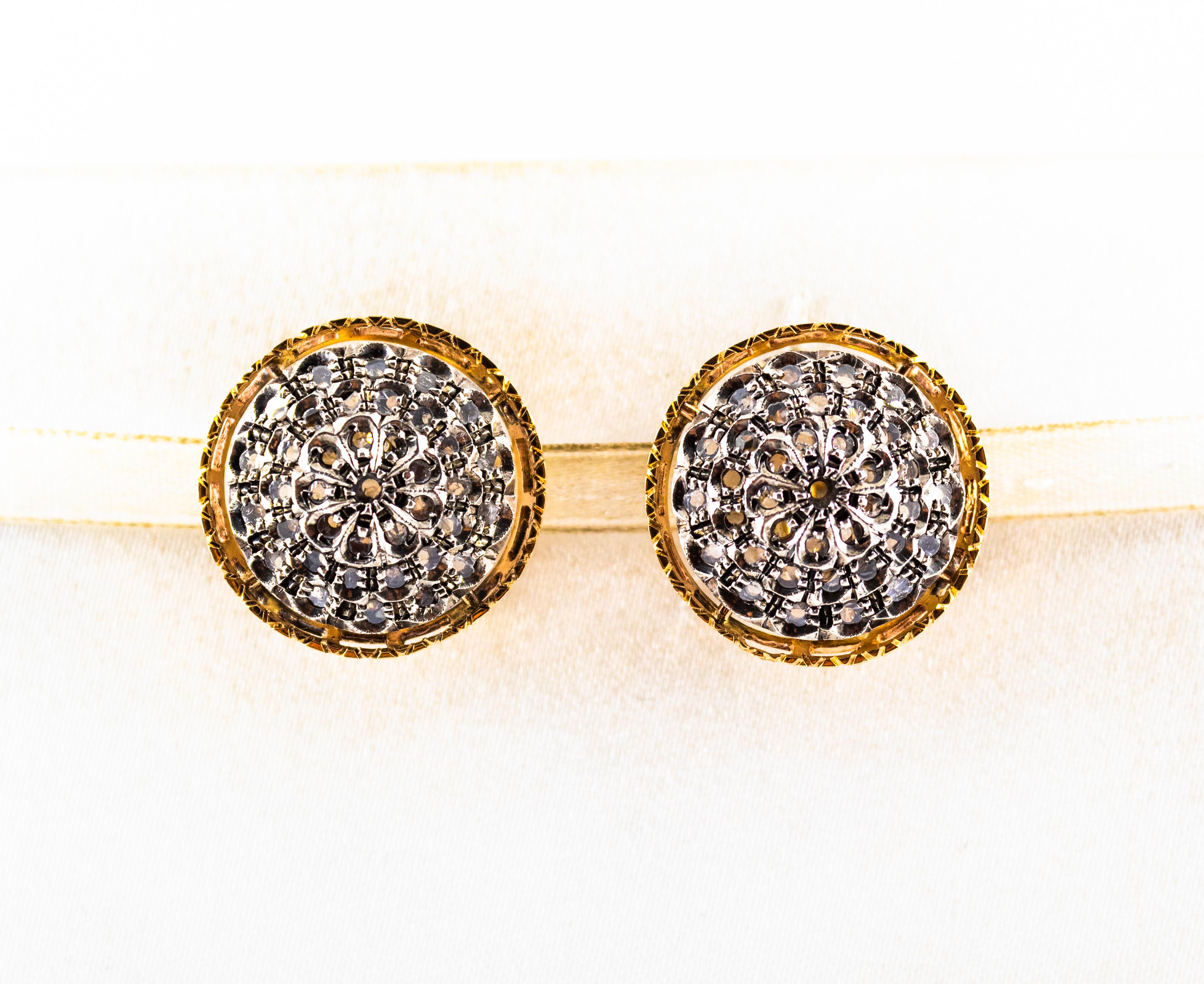 These Earrings are made of 9K Yellow Gold and Sterling Silver.
These Earrings have 0.85 Carats of White Rose Cut Diamonds.

All our Earrings have pins for pierced ears but we can change the closure and make any of our Earrings suitable even for